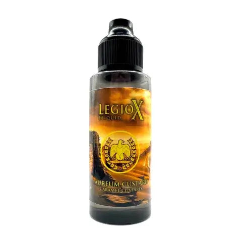 Aureum Custard E-Liquid bottle with caramel custard flavor by LegioX, available in shortfill and longfill sizes.