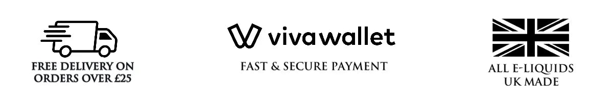 Free Delivery on orders over £25, Viva Wallet Secure Payment, All E-Liquids are UK Made