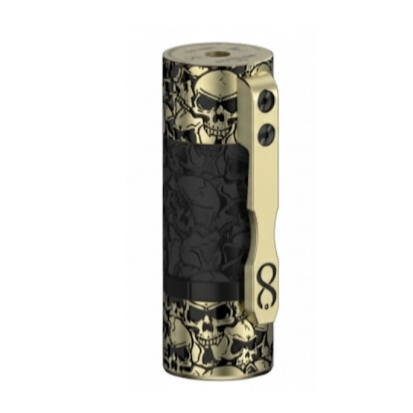 Hyperion V2 mech vape mod with skull design, gold accents, and black finish, showcasing style and performance.