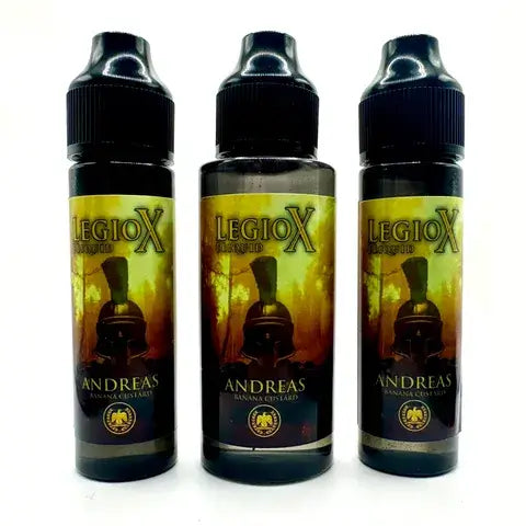Three bottles of Andreas by LegioX Banana Custard E-Liquid, UK-made vape juice, featuring vibrant branding and label design.
