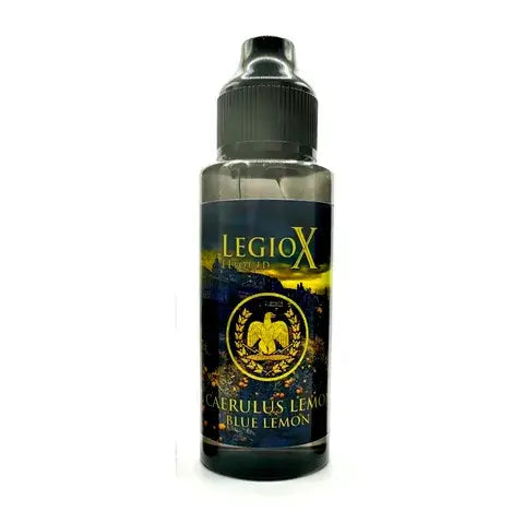 Caerulus Lemon Blue Lemonade E-Liquid bottle, LegioX UK made, featuring blueberry and lemon flavor, blue lemon vape juice, 100ml.