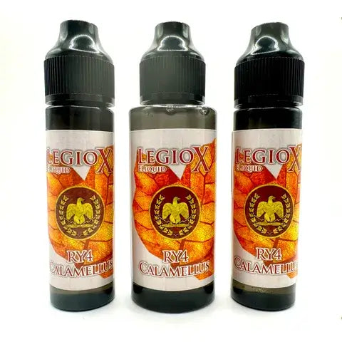 Three bottles of RY4 Calamellus e-liquid featuring sweet tobacco flavor from LegioX.