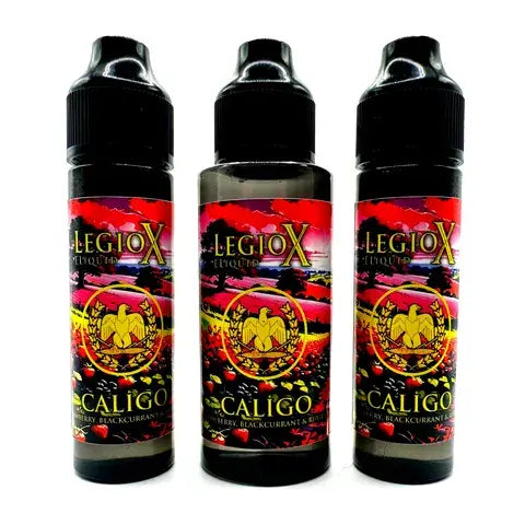 Caligo E-Liquid by LegioX in three bottles, featuring strawberry, blackcurrant, and rhubarb flavor. 100ml shortfill option.