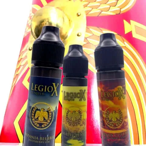 LegioX 30ml Longfill for 10mg Salt Vapers e-liquid bottles displayed against a colorful background.
