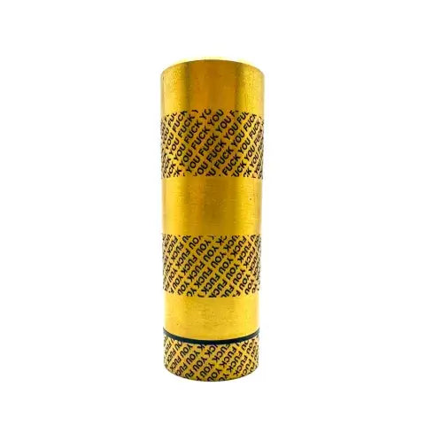 Gold and black vape mech tube mod with bold text design on a white background.