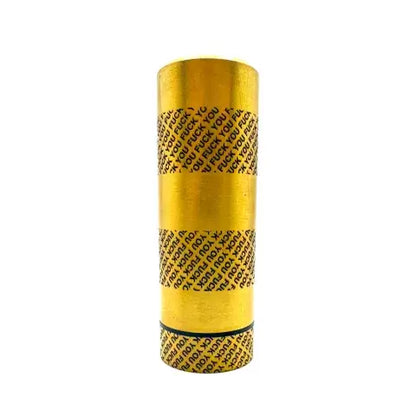 Gold and black vape mech tube mod with bold text design on a white background.