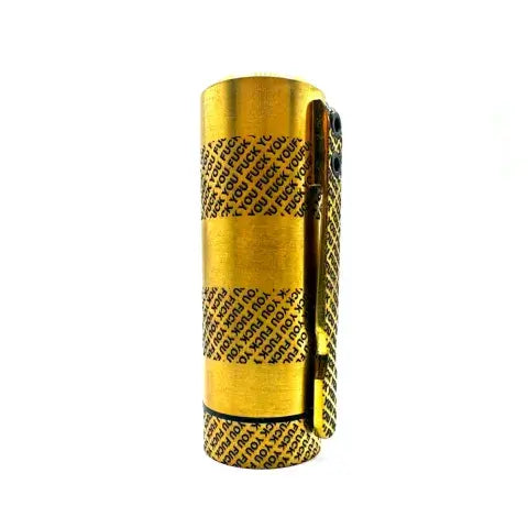 Gold 21700 Mech Tube with bold text design by Infinite Modz, showcasing a unique handcrafted style.