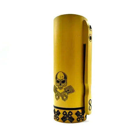 Handcrafted gold Hydra 21700 mech tube by Infinite Modz, featuring skull design, exclusive to LegioX.