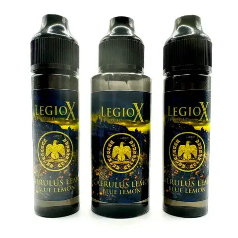 Three bottles of Caerulus Lemon Blue Lemonade E-Liquid from LegioX, UK made vape juice with blueberry and lemon flavor.