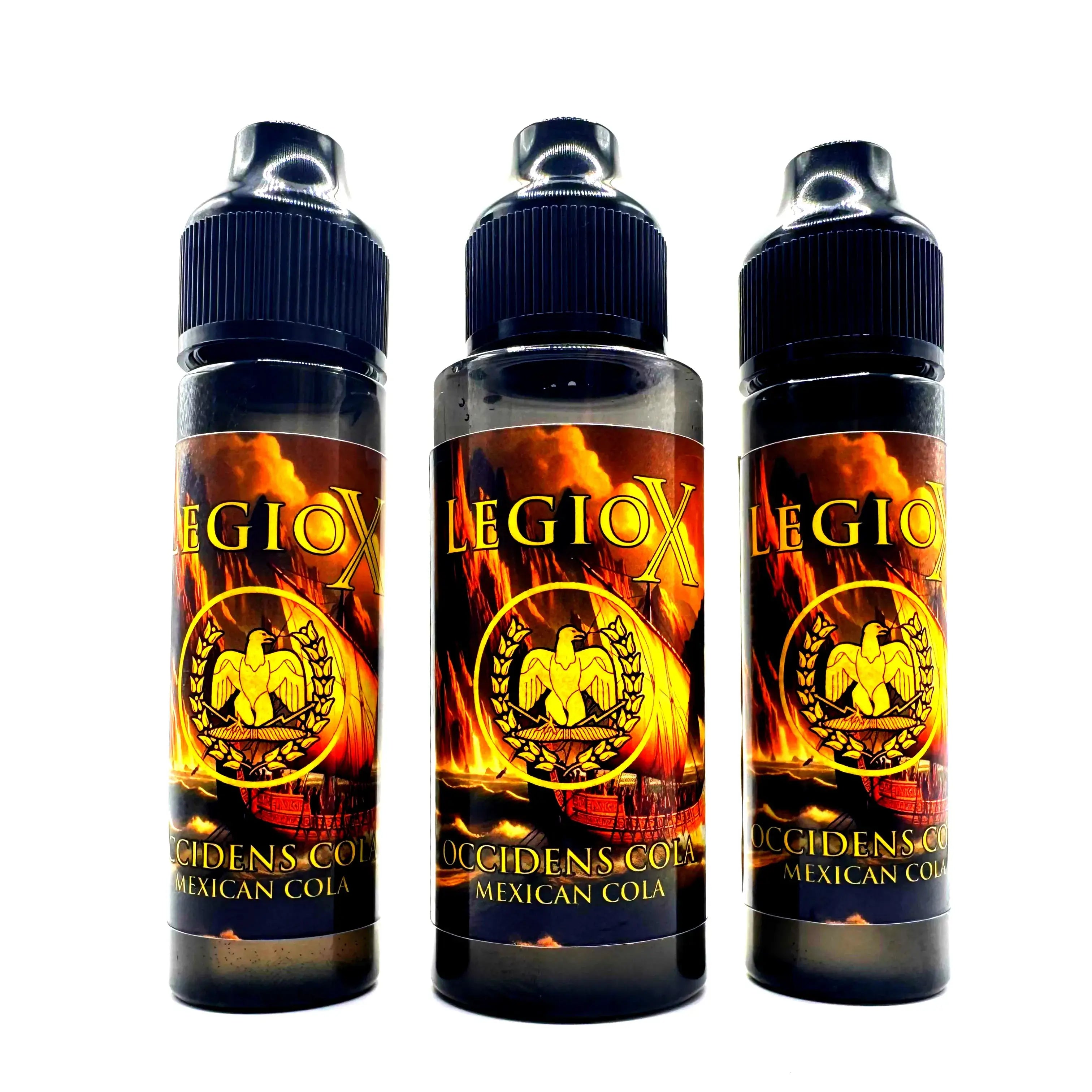 Three bottles of Occidens Cola E-Liquid showcasing the Mexican Cola flavor, ideal for vaping enthusiasts.
