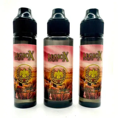 Three bottles of Roseus Custard e-liquid featuring a Rhubarb & Custard flavor, displayed for sale.